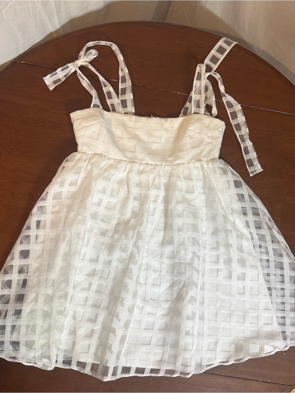 Amanda Uprichard White Check-Overlay Tie-Shoulder Dress